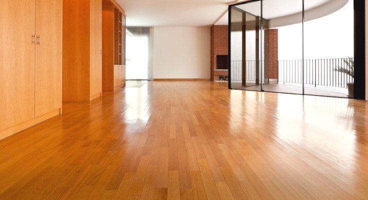 Freshly sanded and cleaned wooden floor in a large room