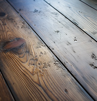 Damaged floor boards with dents and sratches